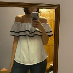 White silk off the shoulder ruffle top